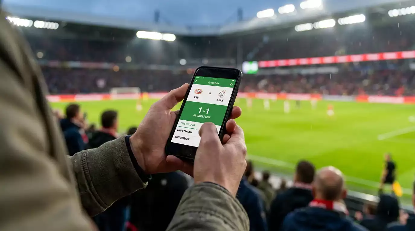 Supporter bekijkt live weddenschap op smartphone tijdens voetbalwedstrijd